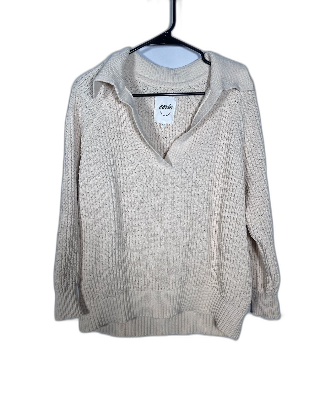 AERIE WOMENS SUGAR RUSH CHENILLE V NECK SWEATER CREAM XS - Picture 2 of 5